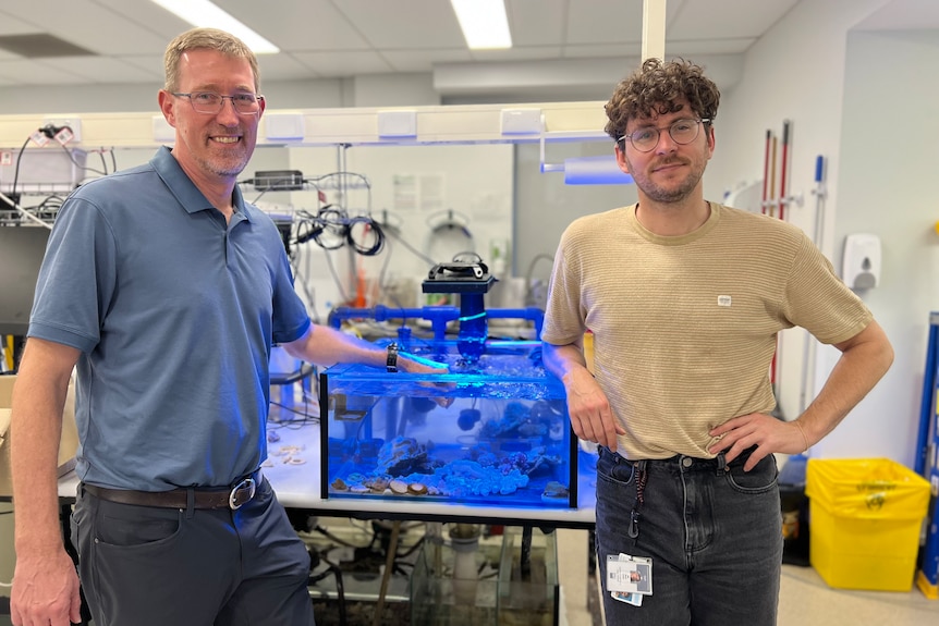 Queensland University of Technology professor Scott Bryan and researcher Brett Lewis with coral
