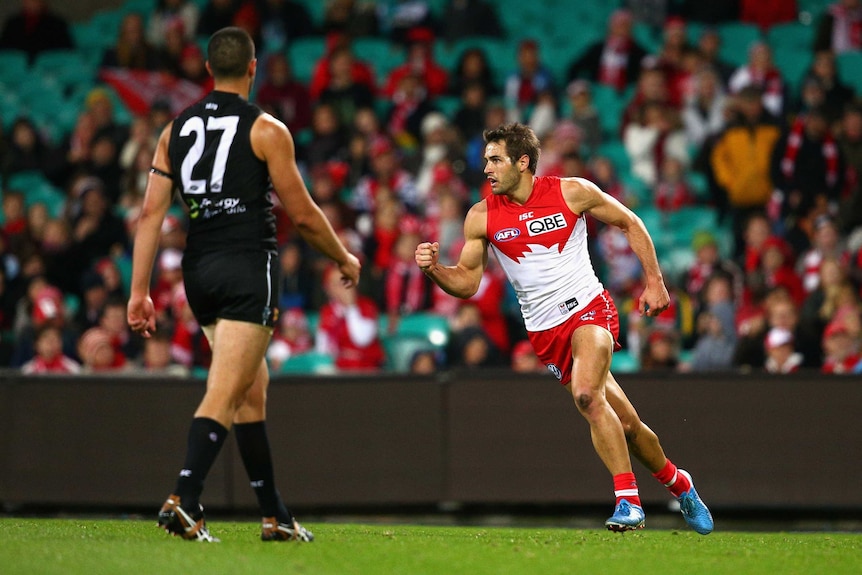 Sydney's Josh Kennedy celebrates a goal in round 14, 2015 between the Swans and Port Adelaide.