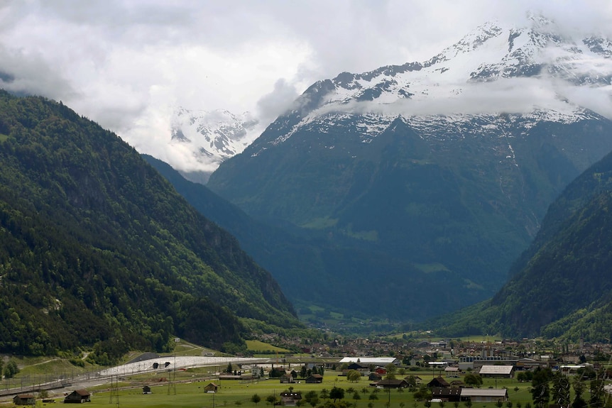 A general view shows the northern gates of the tunnel below the alps.