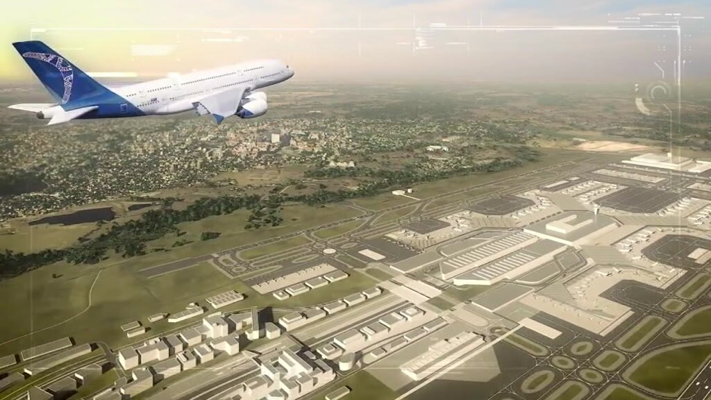 A computer graphic showing a plane heading over a country area.