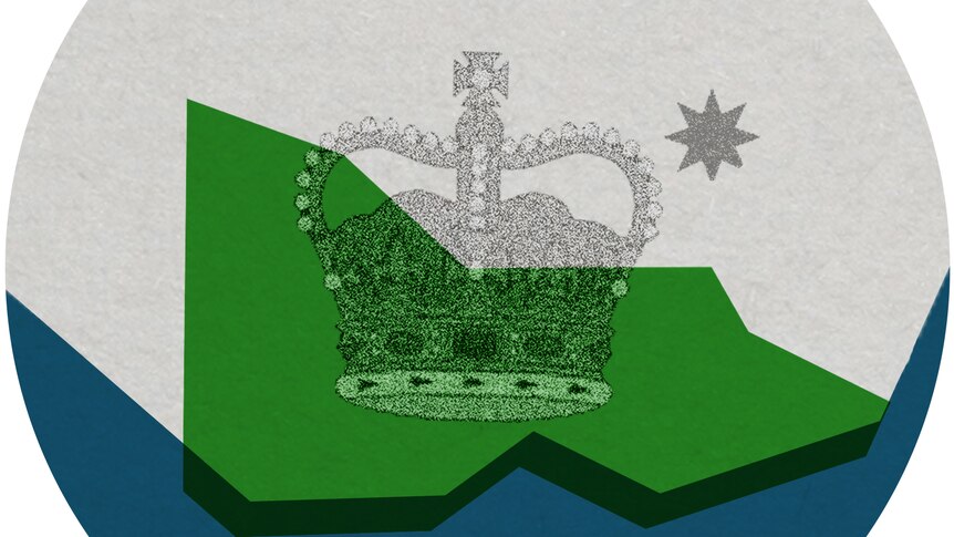 an outline of the state of Victoria in green, the crown from the state flag and stars are outlined in grey