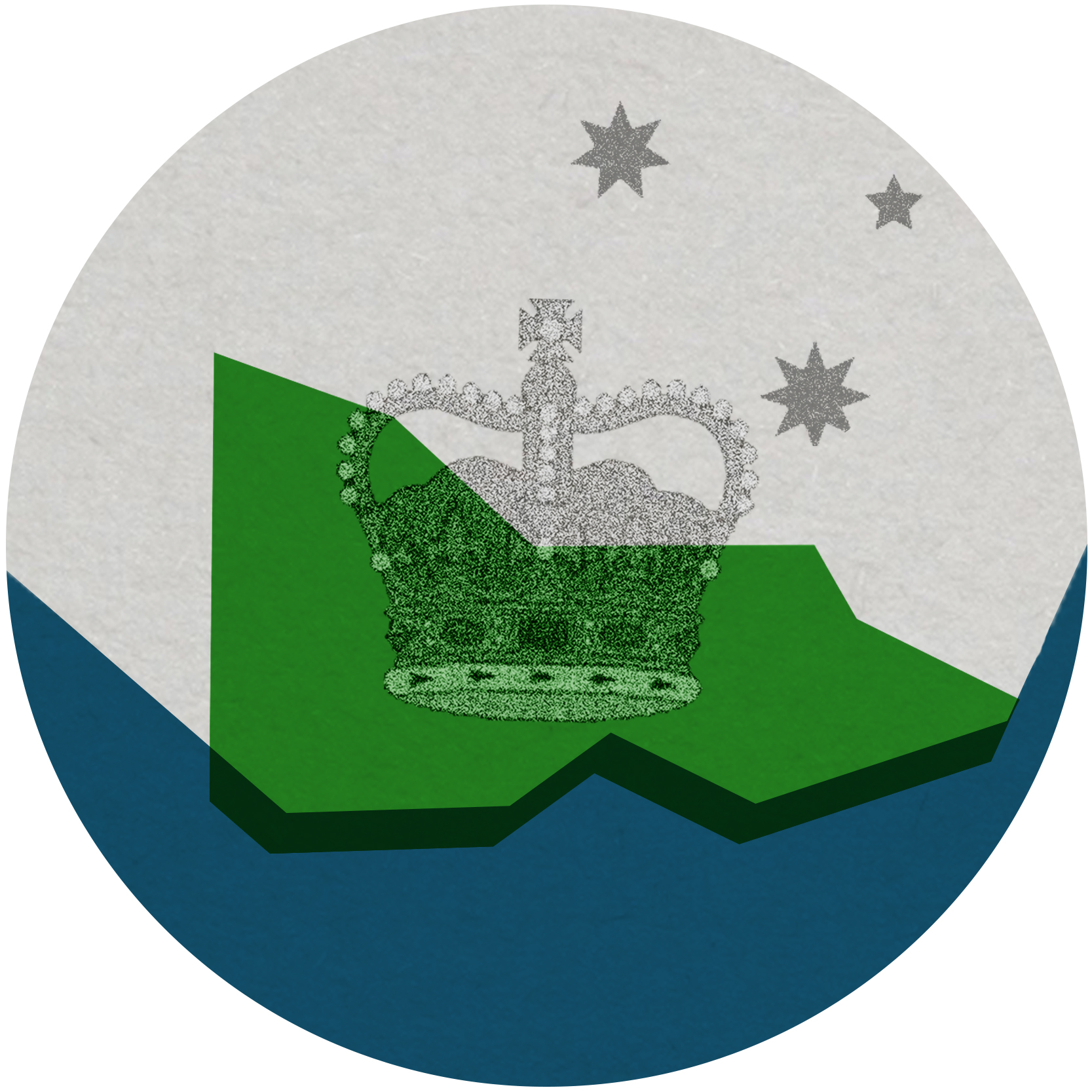 an outline of the state of Victoria in green, the crown from the state flag and stars are outlined in grey