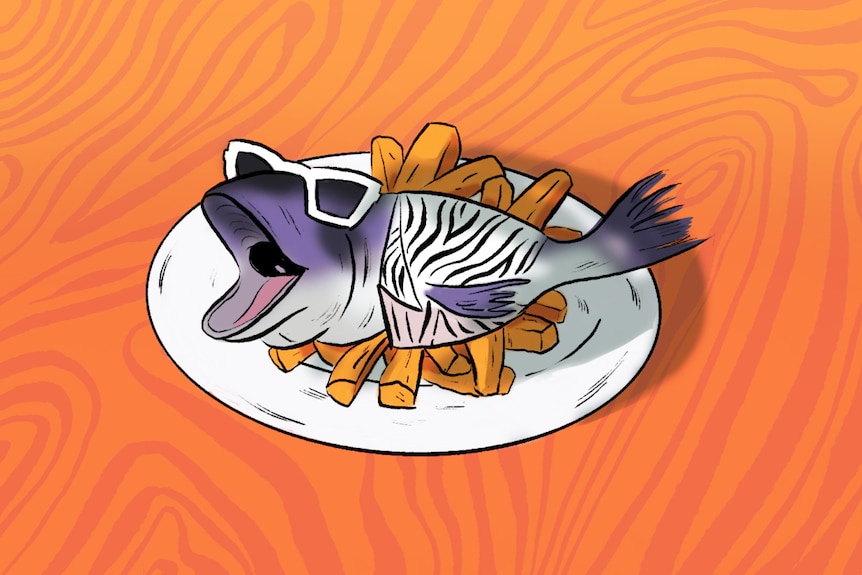 Cartoon of a whole fish wearing a party shirt and sunglasses on a plate of potato chips