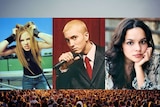A composite image of musicians Avril Lavigne, Eminem and Norah Jones.
