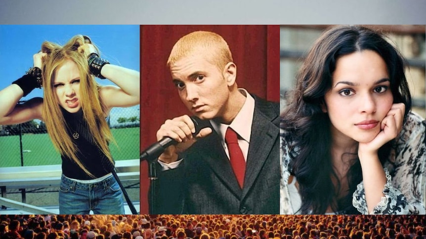 A composite image of musicians Avril Lavigne, Eminem and Norah Jones.