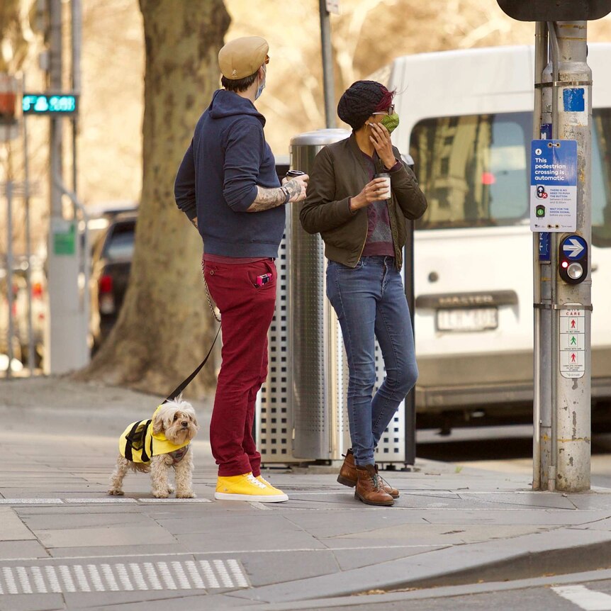 Two people wearing masks, with a small dog in a yellow jacket, standing at a quiet pedestrian crossing in Melbourne.
