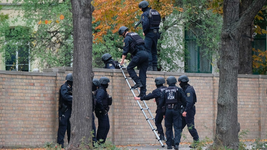 Nine armed police in helmets and protective gear climb a brick fence