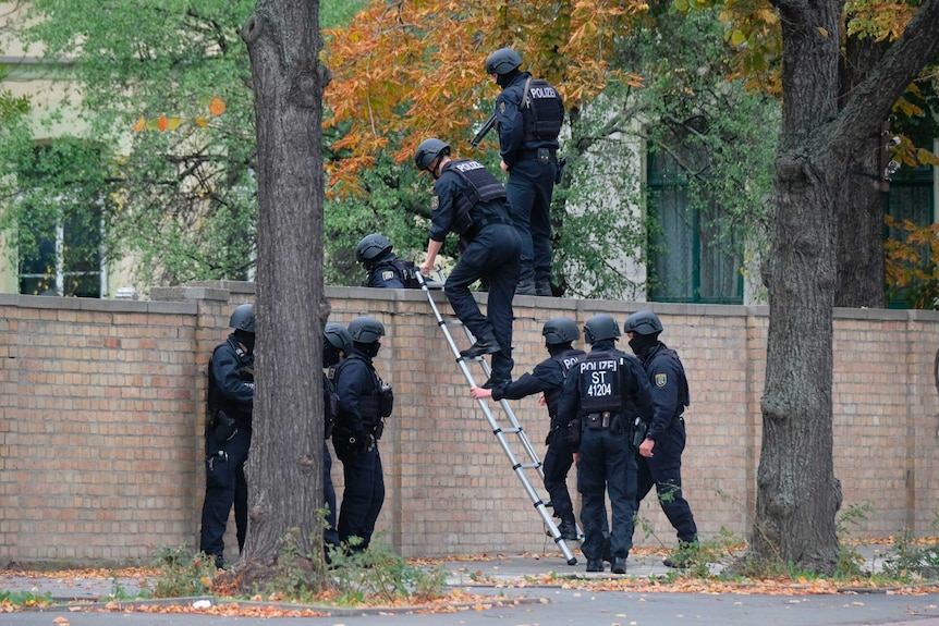 Nine armed police in helmets and protective gear climb a brick fence