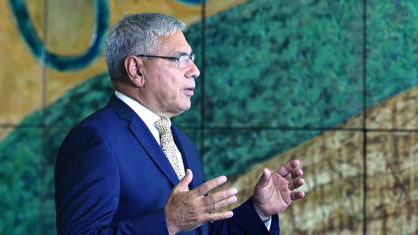 A side profile of Australian Aboriginal leader Warren Mundine speaking at a press conference.