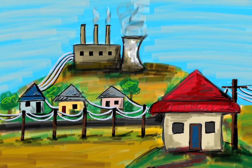 An illustration showing a house with a red roof, connected via powerlines to other houses and a power station.