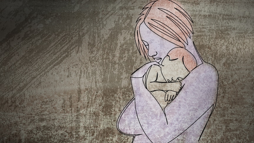 A stylised image of a mother cradling a baby.