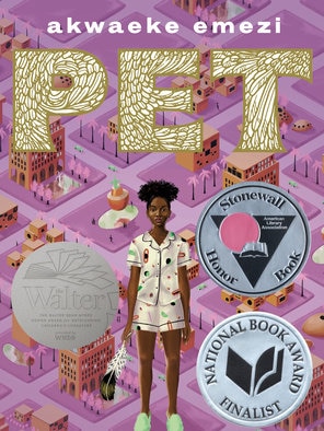Purple book cover of Pet by Awkaeke Emezi with National Book Award Finalist medal