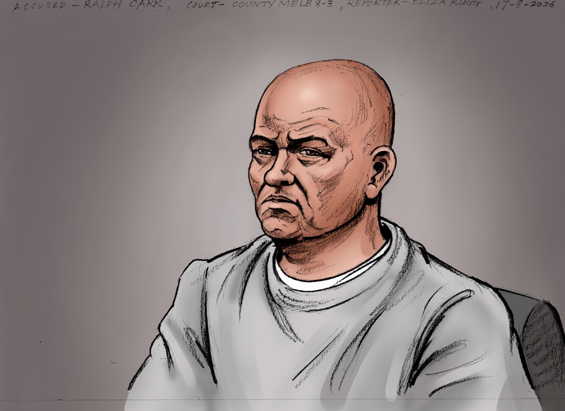A digital sketch of a bald man in a grey tracksuit in court.