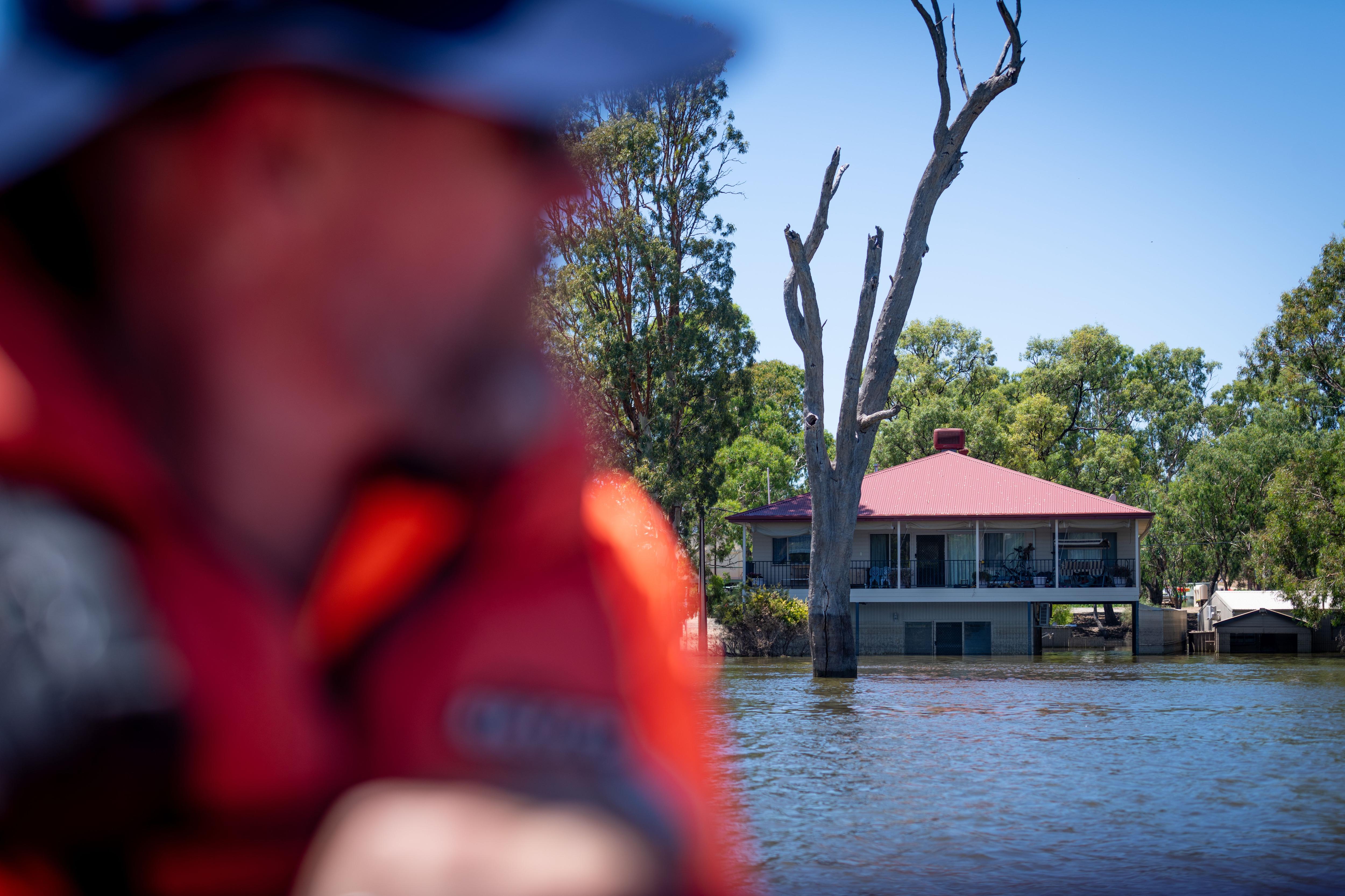 Flooded shacks along the River Murray.
