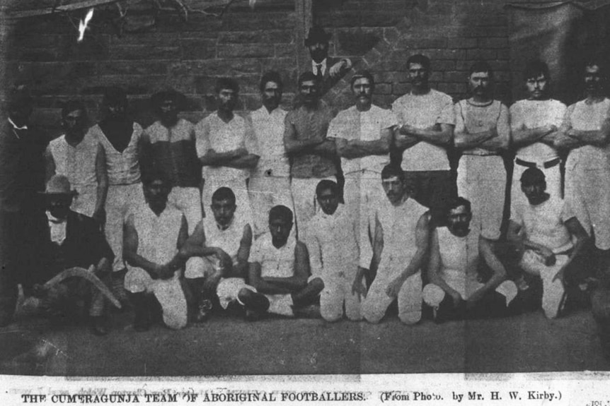 A historical photograph of the Cummeragunja team of Aboriginal footballers in 1900.