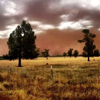 A large plume of haze rises over a rural landscape.