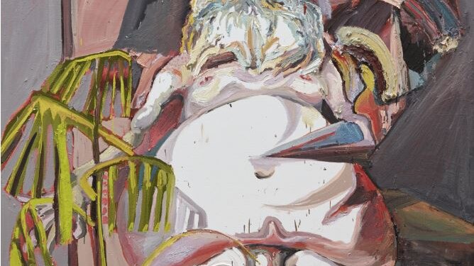 A painting of a naked santa claus pissing on a pot plant