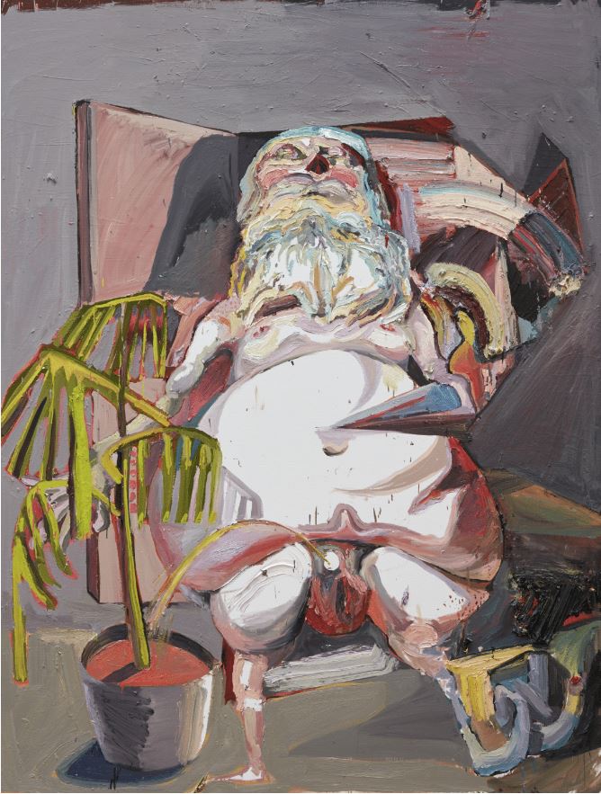 A painting of a naked santa claus pissing on a pot plant