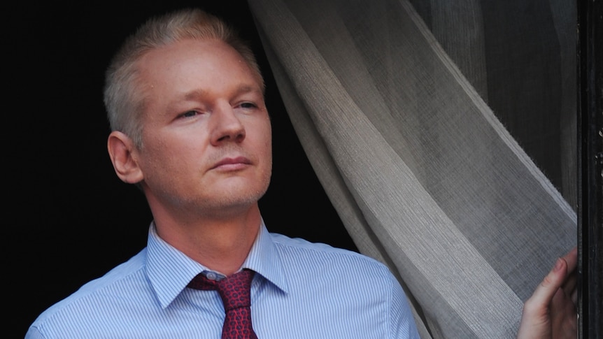WikiLeaks founder Julian Assange looks from the balcony of the Ecuadorian embassy in London