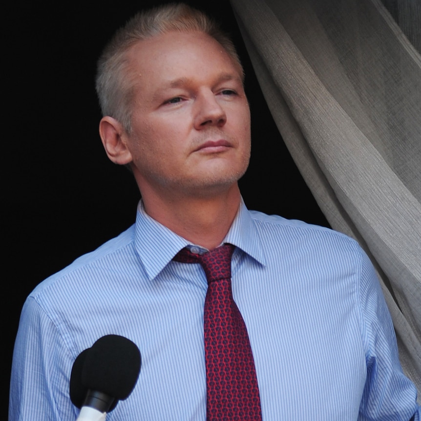 WikiLeaks founder Julian Assange looks from the balcony of the Ecuadorian embassy in London