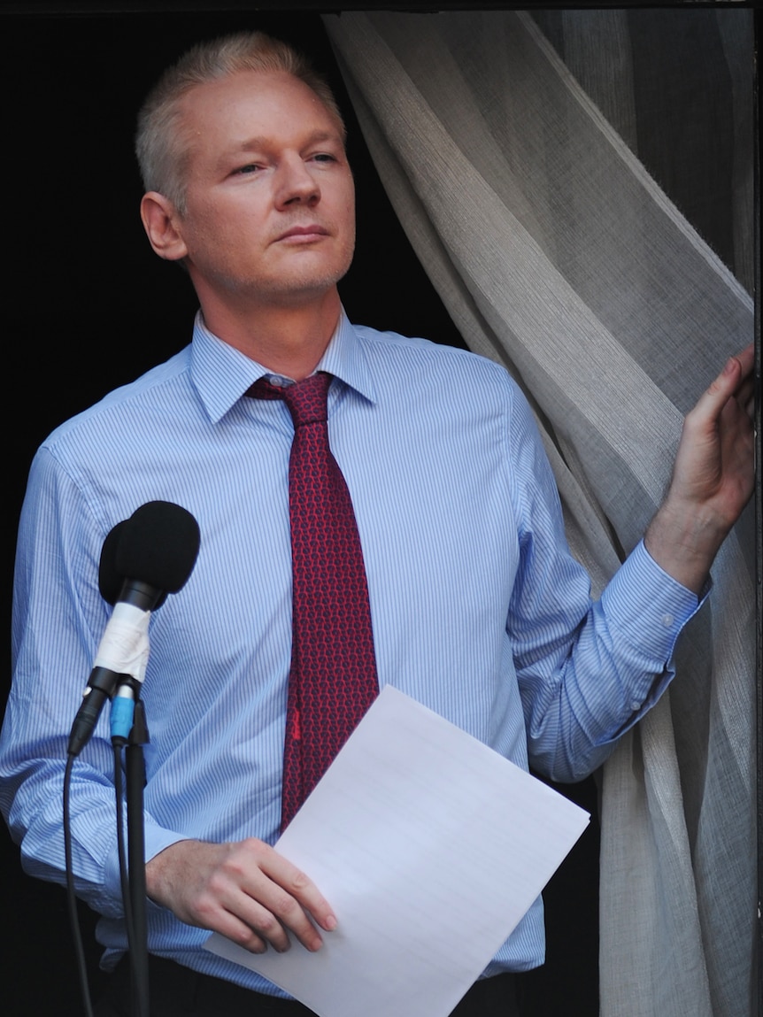 WikiLeaks founder Julian Assange looks from the balcony of the Ecuadorian embassy in London