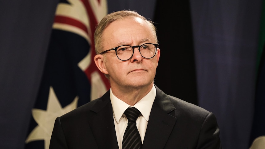 Albanese looks expectantly off camera, wearing black glasses, an Australian flag behind him