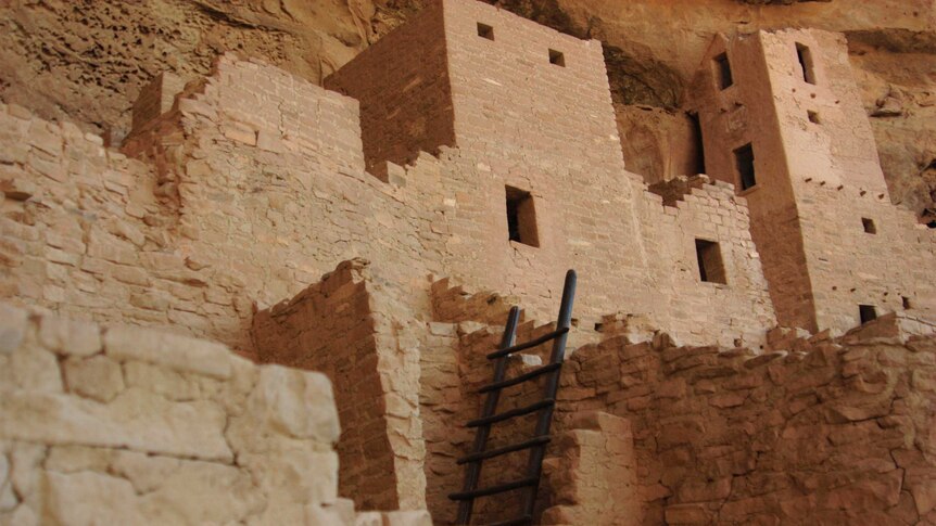 A close-up of ruined, multi-storey sandstone buildings. There is an access ladder allowing tourists to climb up