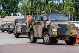 military vehicles are queued in a row with palm trees behind them