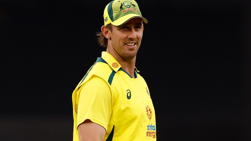 Mitch Marsh looks on wearing the gold Australian ODI kit