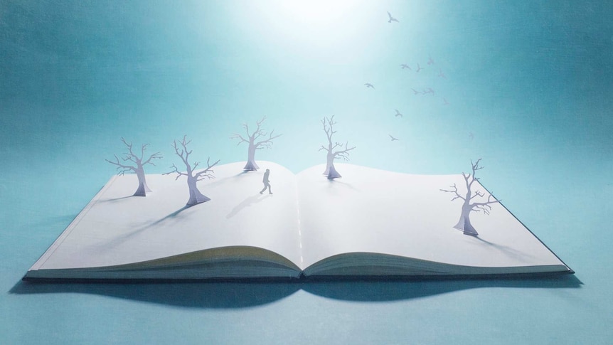Drawing of a book with tress and people growing out of the pages
