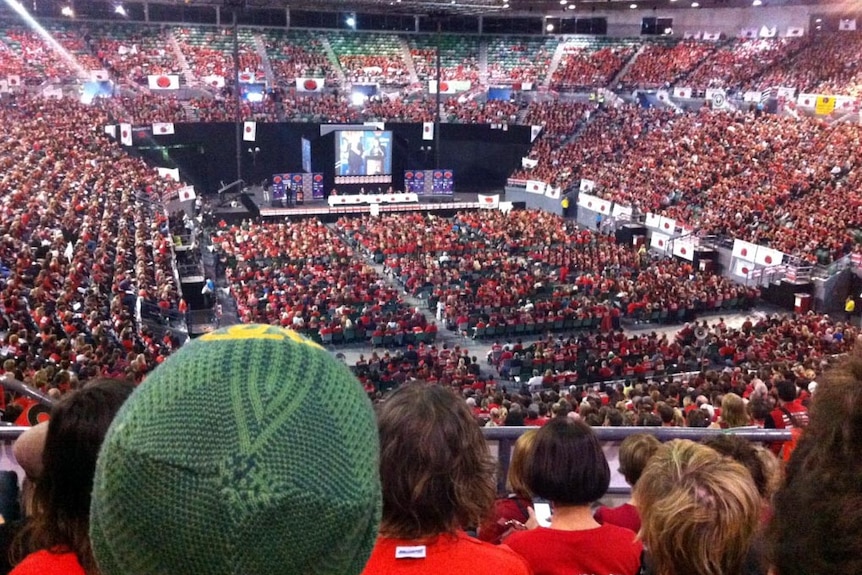 About 15,000 teachers gather at Rod Laver Arena for a rally.