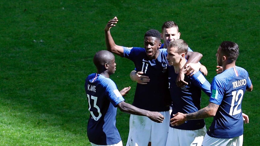 France celebrates Griezmann's goal against Australia