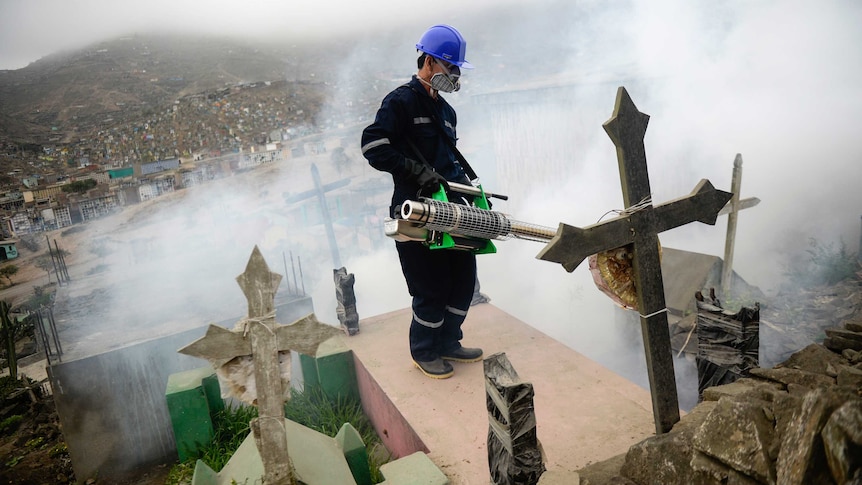 A man wearing protective clothing sprays grave stones with a fumigation machine