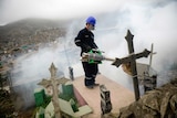 A specialist fumigates the Nueva Esperanza graveyard