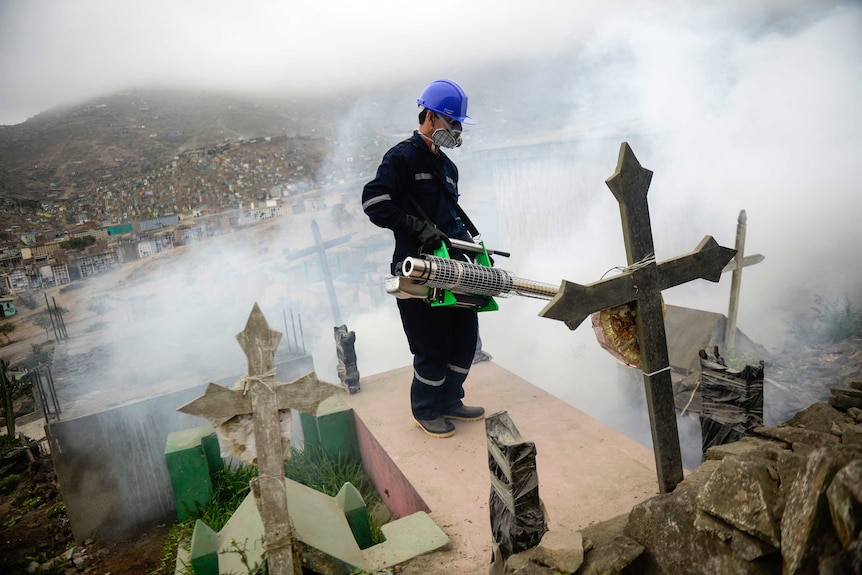 A man wearing protective clothing sprays grave stones with a fumigation machine