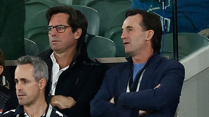 Gillon McLachlan and Andrew Dillon on the sidelines at an AFL match.