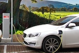 Picture of white Electric vehicle by a paddock