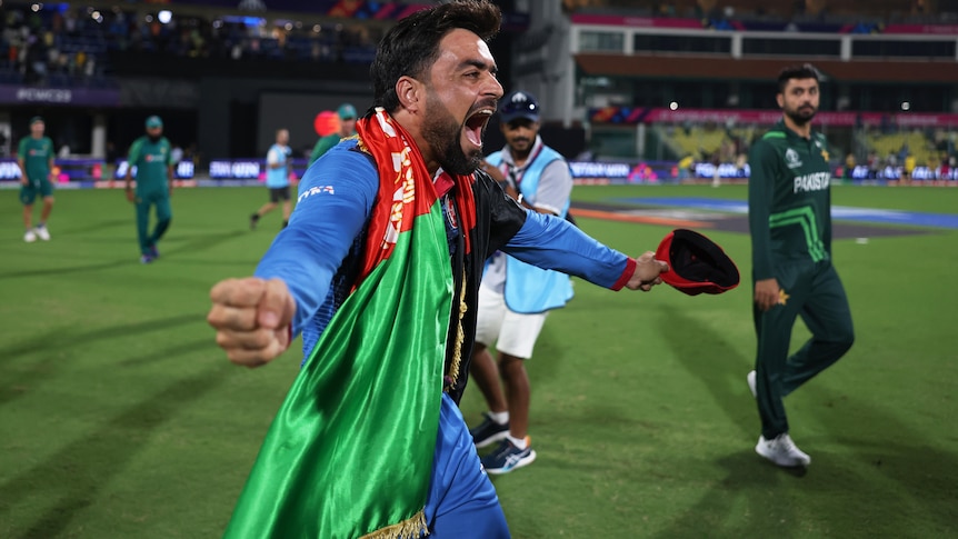 Rashid Khan yells in delight with teammates with an Afghanistan flag draped over him