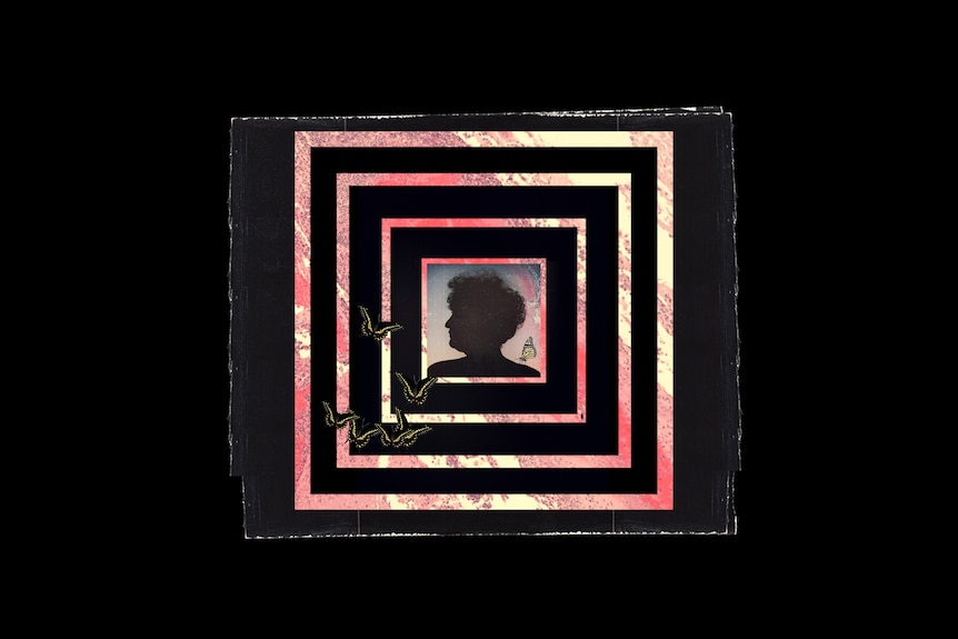 On square black paper, a silhouette of a woman is framed by four pink and white concentric square outlines.