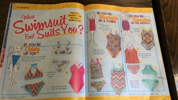 The 'What Swimsuit Best Suits You' spread featured in the April-May 2016 issue of Discovery Girls, a magazine for tweens.