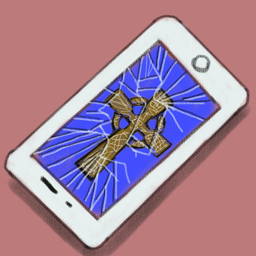An illustration shows a smashed iPhone with a cross image on the screen.