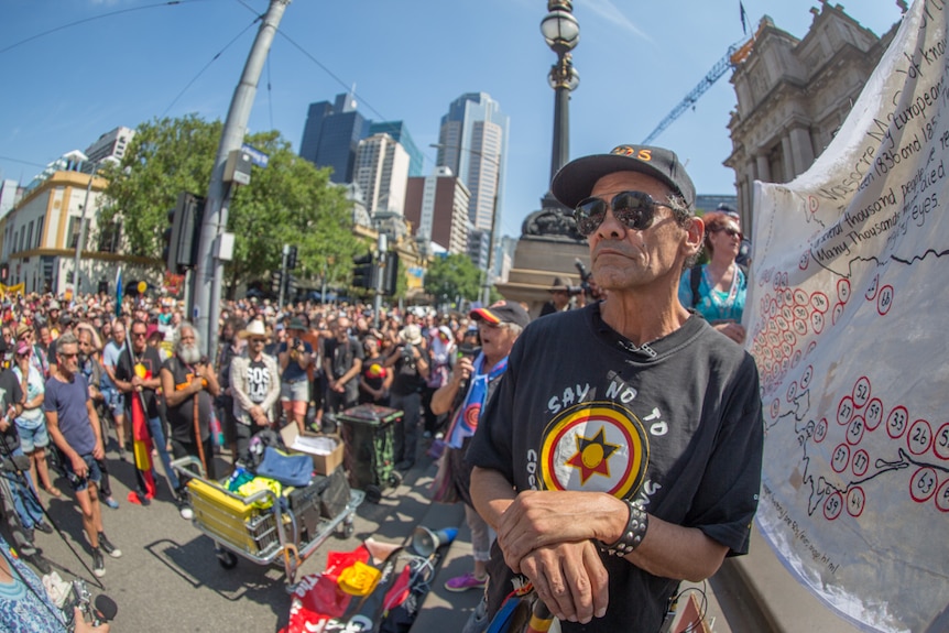 Man at Melbourne protest for Invasion Day