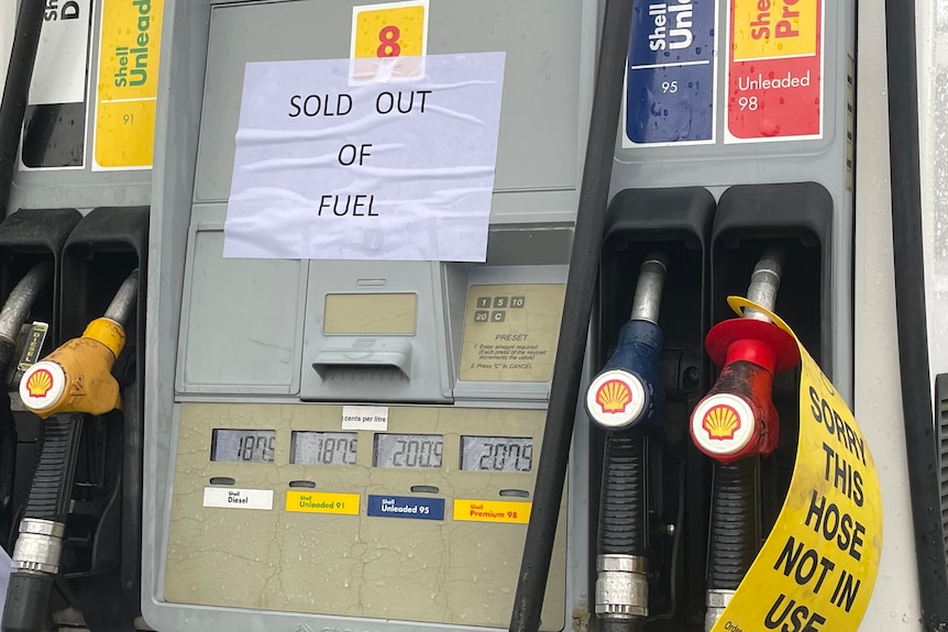 A sold-out fuel sign at a petrol station.