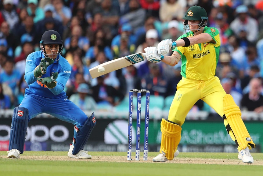 The ball makes contact with Steve Smith's bat as he plays a cut shot, while MS Dhoni watches on behind the stumps.