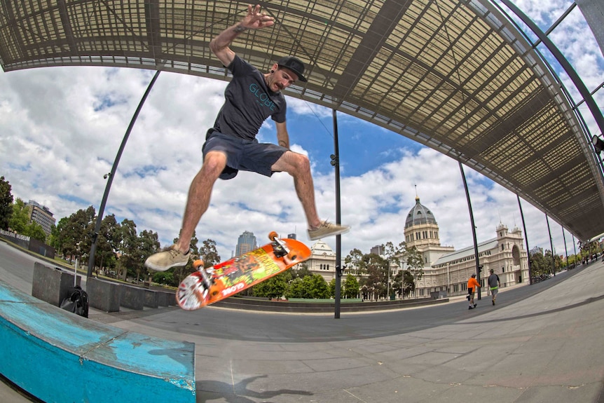 Melbourne-based skateboarder Jake Edwards skates at Melbourne Museum
