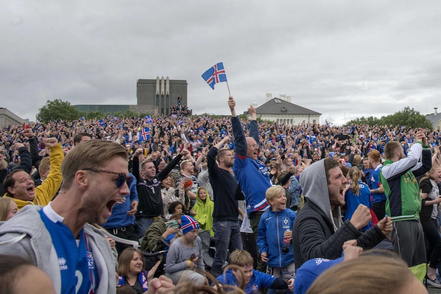 Iceland fans react to goal against England in Reykjavik