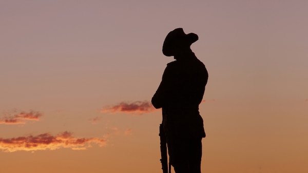 A soldier stands in silhouette, head bowed with a clear dawn sky in the background