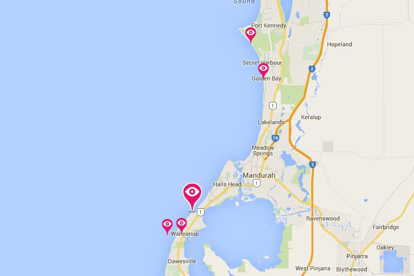 A map of Mandurah and the surrounding area showing shark sightings between May 29 and May 31.