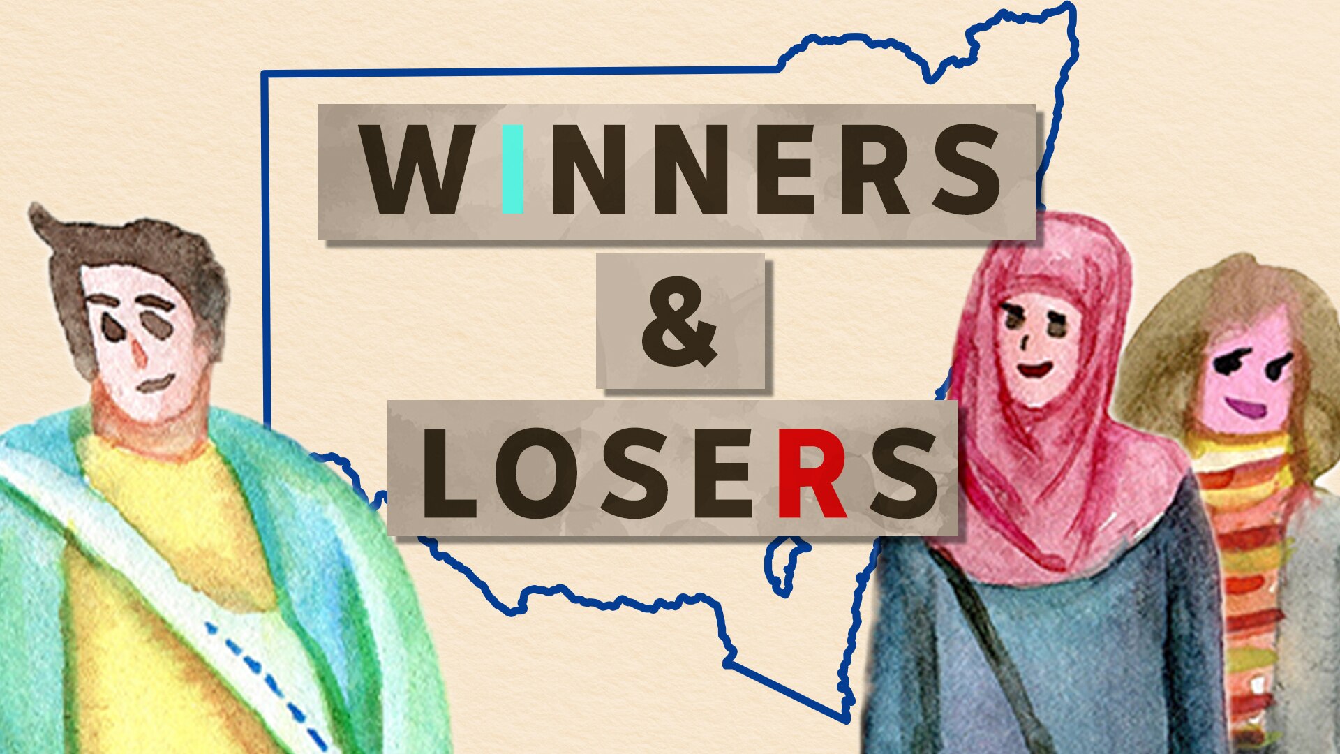 Graphic image showing three illustrations of people beside a 'winners and losers' sign, with a map of NSW in the background.