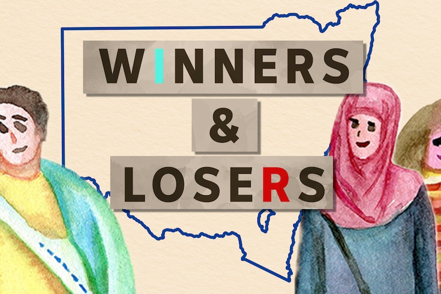 Graphic image showing three illustrations of people beside a 'winners and losers' sign, with a map of NSW in the background.